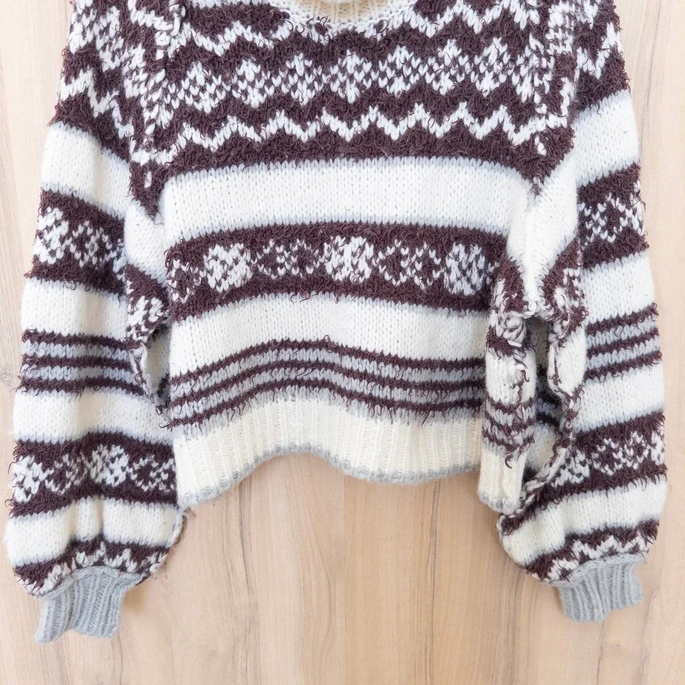 Free People Fair‎ Isle Oversized Turtleneck Sweater Sz M Brown White Apres Ski